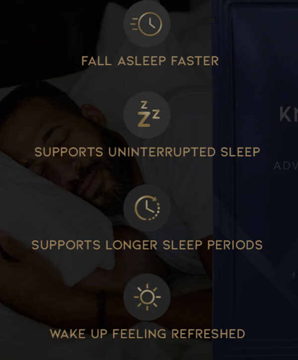 A man sleeping in bed with the words fall asleep faster, supports uninterrupted sleep and supports longer sleep periods.